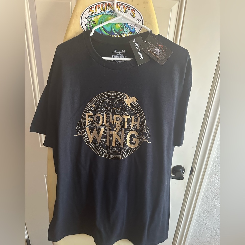 Hot Topic Black T-Shirt with Metallic Gold Fourth Wing Graphic